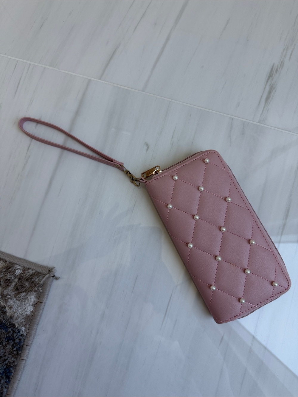 Women's Pink Quilted Wristlet Phone Wallet - Pearl Accent
